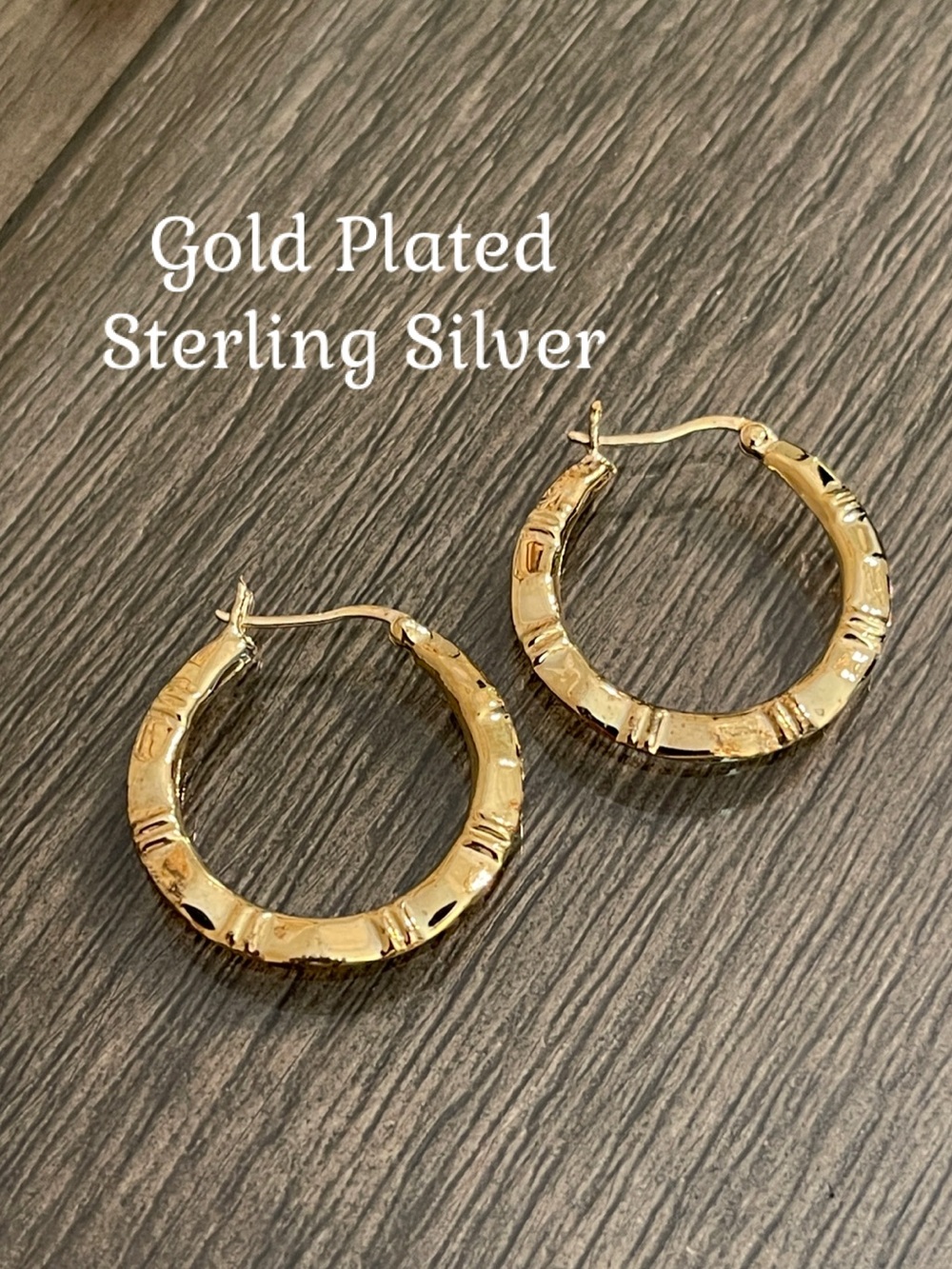 Vintage Gold-Plated 925 Sterling Silver Bamboo Hoop Earrings